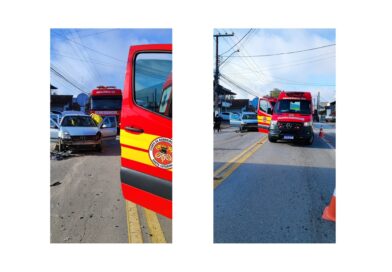 Idoso é resgatado pelos Bombeiros após colisão frontal entre carros em Gaspar