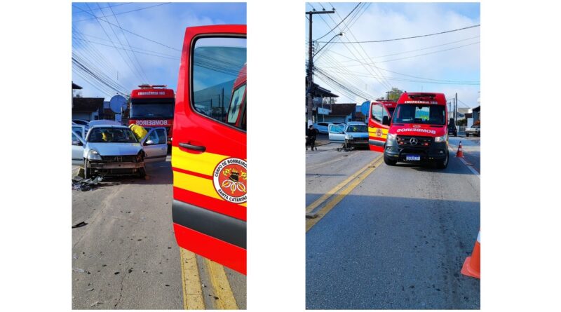 Idoso é resgatado pelos Bombeiros após colisão frontal entre carros em Gaspar
