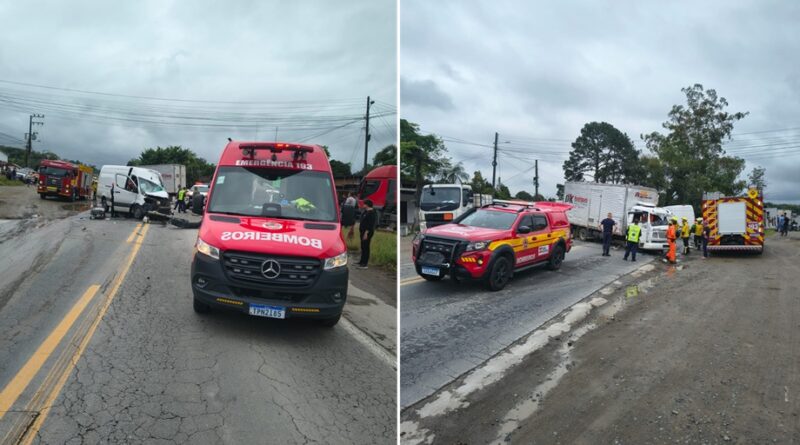 Colisão frontal entre van e caminhão deixa dois motoristas feridos na BR-470